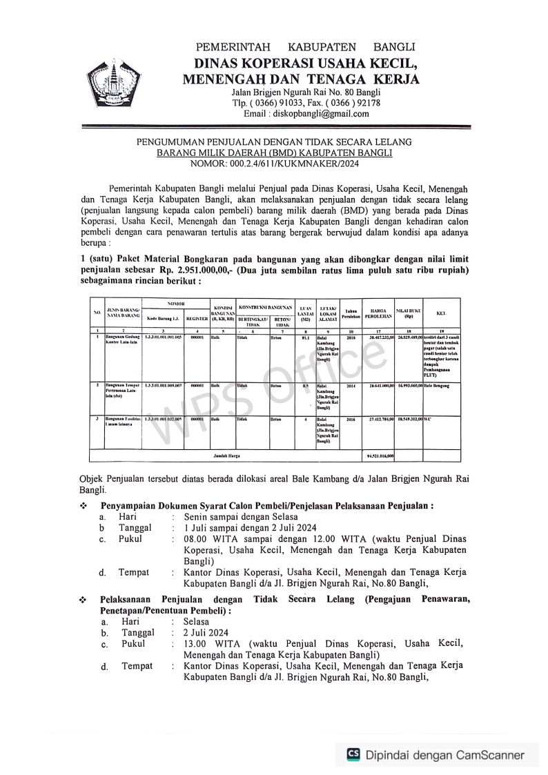 PENGUMUMAN PENJUALAN TIDAK DENGAN SECARA LELANG