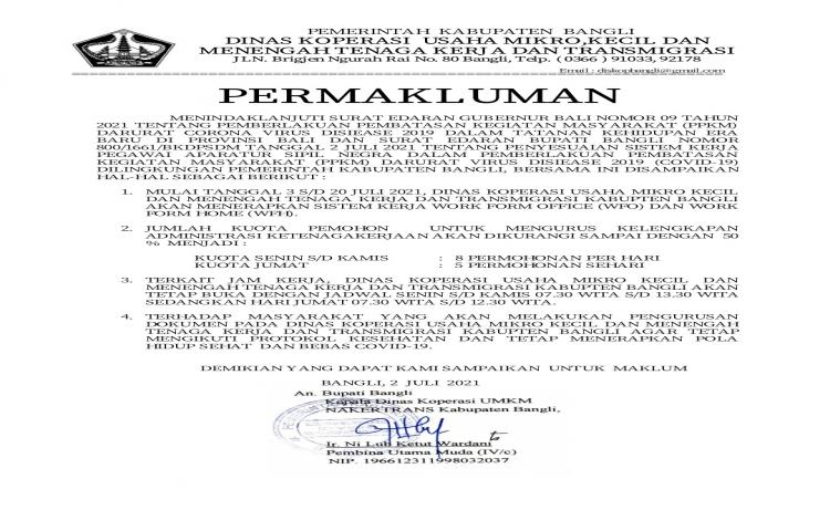 PERMAKLUMAN TERKAIT PELAYANAN ADMINISTRASI BAGI CALON TENAGA KERJA INDONESIA  PADA DINAS KOPERASI UMKM NAKER DAN TRANSMIGRASI SELAMA MASA  PPKM DARURAT COVID-19 DI KAB. BANGLI